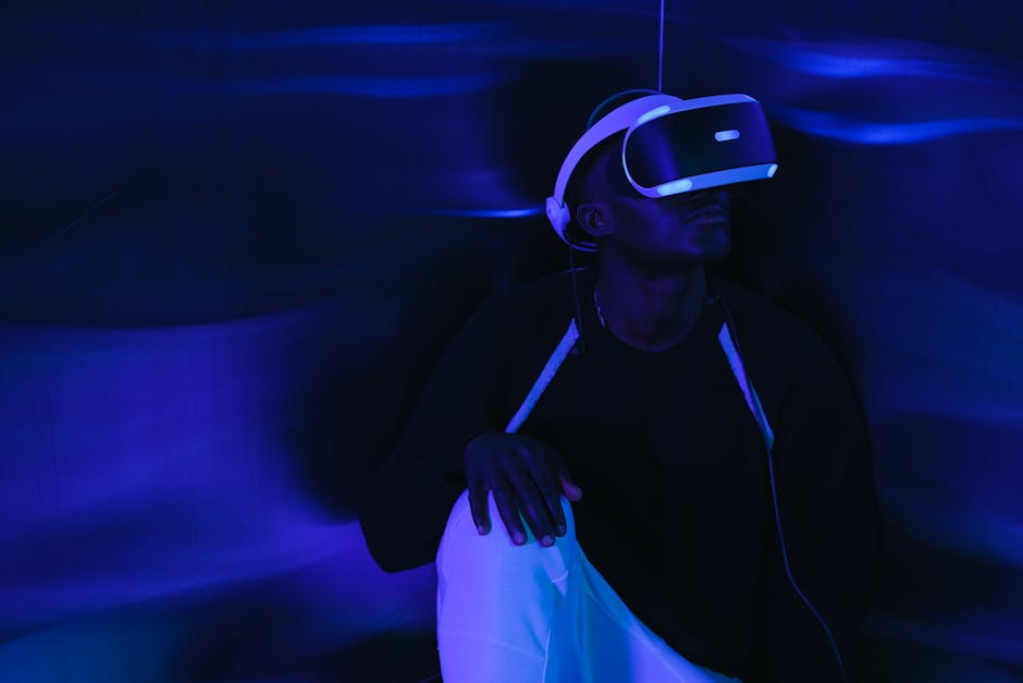 Man exploring a virtual world with a VR headset in a futuristic setting.